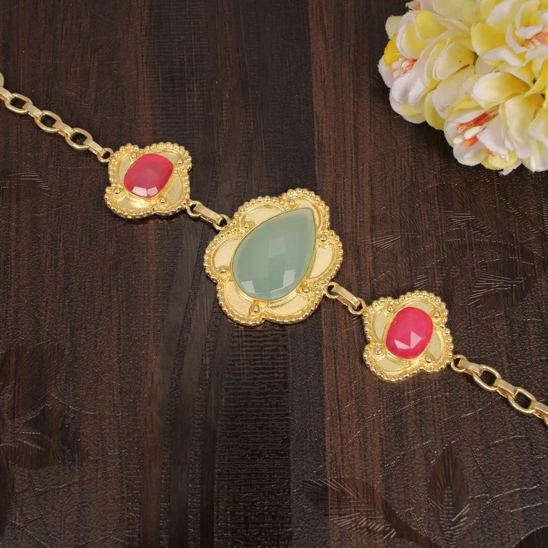 Prehnite Hydro And Fuchsia Chalcedony Gemstone Bracelet