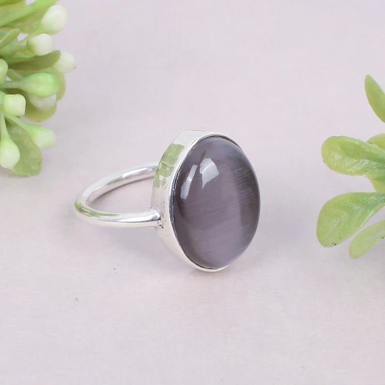 Grey Cats Eye Gemstone 92.5 Sterling Silver Ring