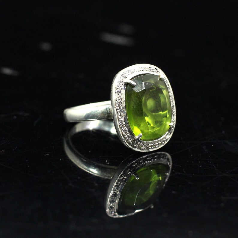 Peridot & CZ Gemstone 92.5 Sterling Silver Ring