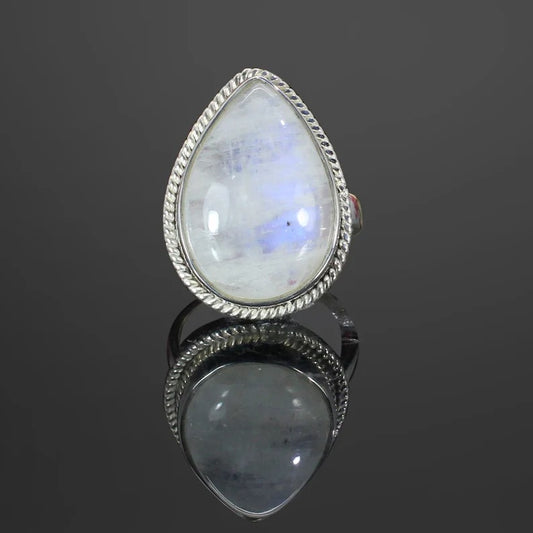 Natural Blue Flashy Rainbow Moonstone Sterling Silver Ring