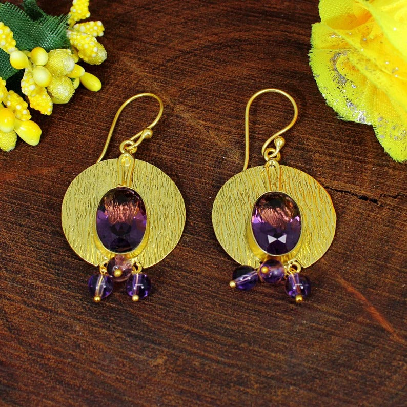 Amethyst Gemstone Gold PLated Gemstone Brass Earrings