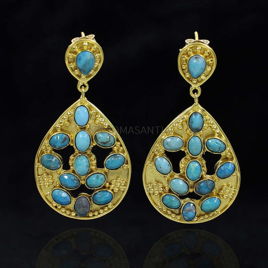 American Turquoise Gemstone Gold Plated Brass Earrings