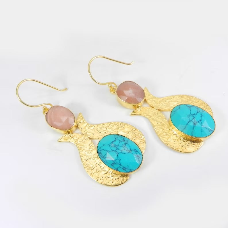 Peach Moonstone & Turquoise Gemstone Gold Plated Brass Earrings