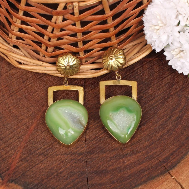 Green Window Druzy Brass Gold Plated Brass Earrings