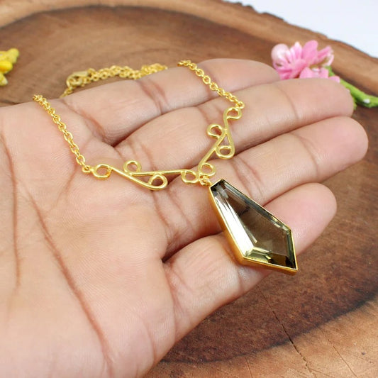 Smoky Quartz Gemstone Gold Plated Brass Necklace