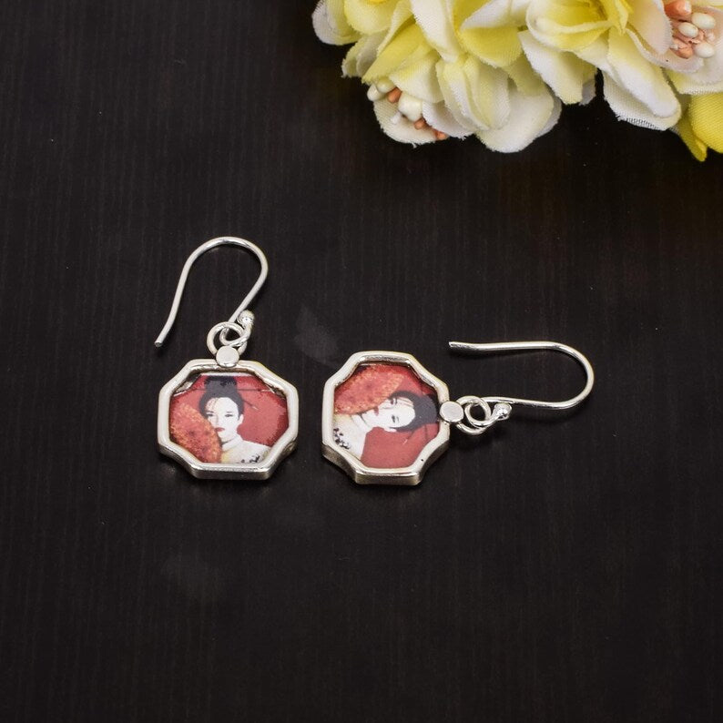 Japanese Doll Picture Handmade Painting 92.5 Sterling Silver Earrings