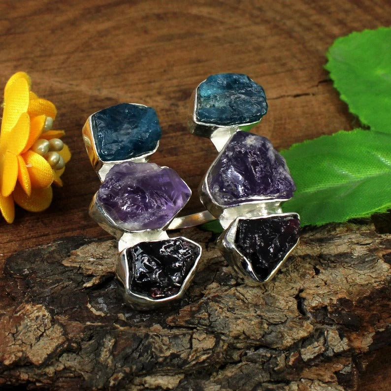 Multi Gemstone Unique Designer Sterling Silver Ring