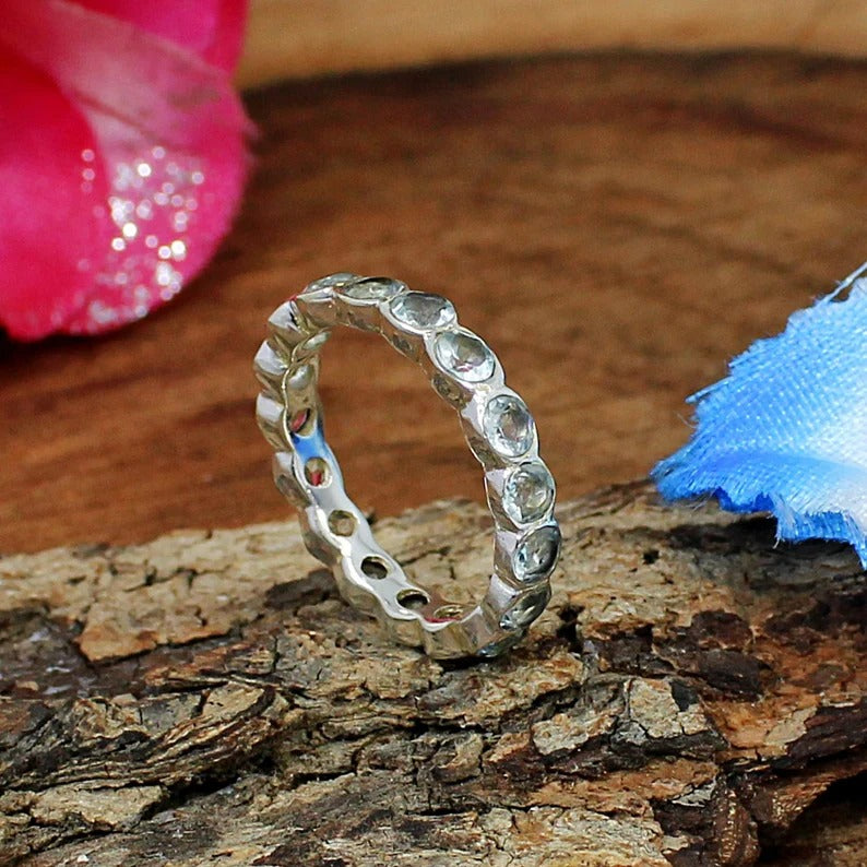 Aquamarine Gemstone 92.5 Silver Eternity Band