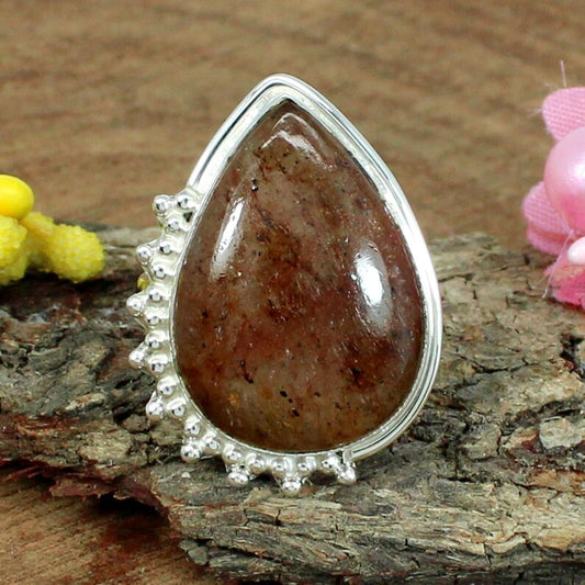 Pear Natural Strawberry Quartz Gemstone Sterling Silver Ring