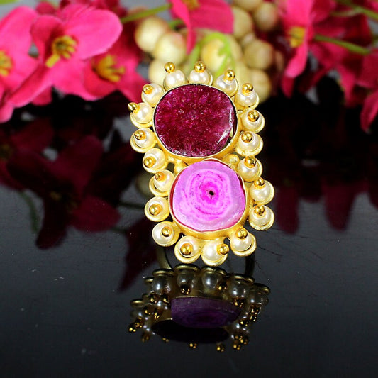 Pink Solar Quartz & White Pearl Gold Plated Gemstone Ring