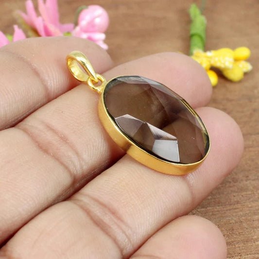 Smoky Quartz Gold Plated Brass Pendant