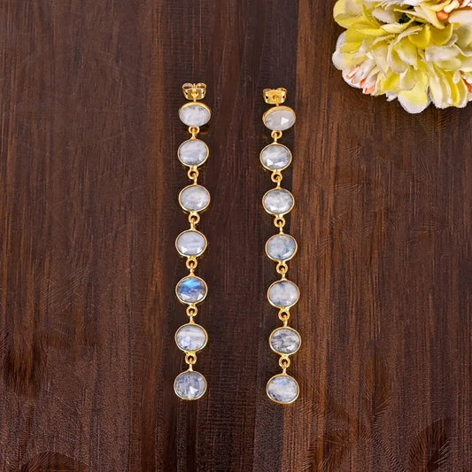 Dazzling Rainbow Moonstone Long Drops Brass Earrings