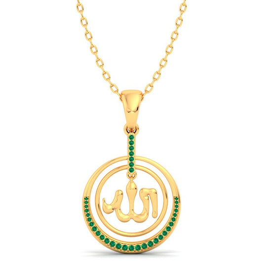 Natural Emerald 14KT Islamic Symbol Solid Gold Necklace