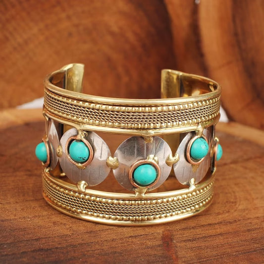 Synthetic Turquoise Gold Plated Cuff Bangle With Three Tone Plating