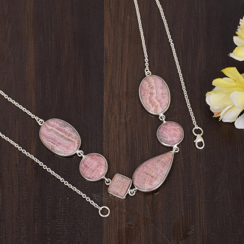 925 Sterling Silver Rhodochrosite Cabochon Necklace