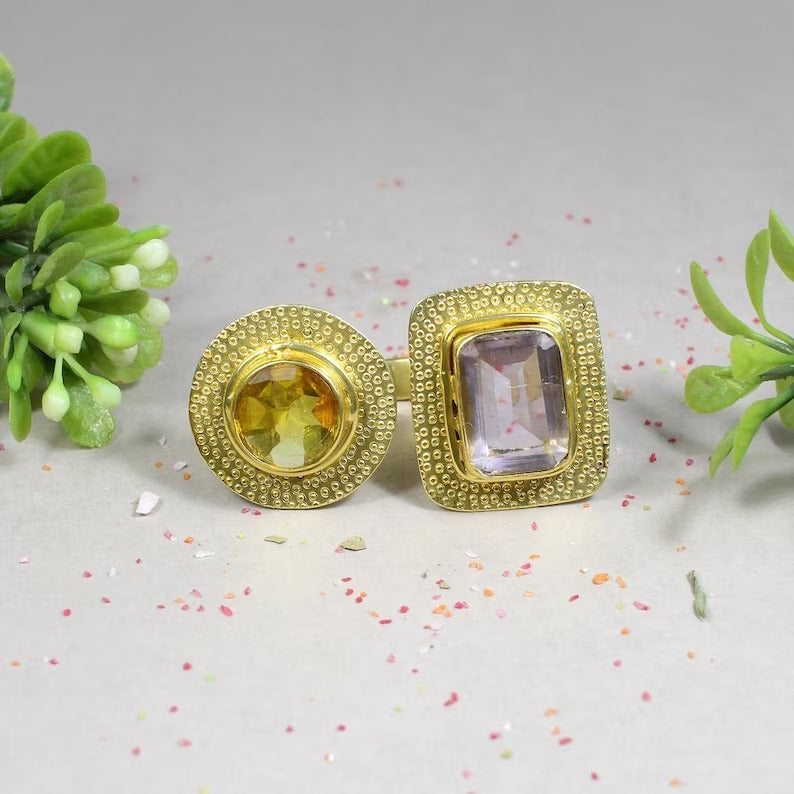 925 Sterling Silver Citrine & Amethyst Gemstone Ring