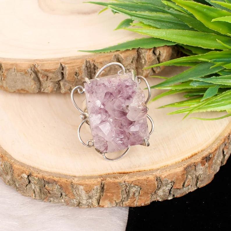 Amethyst Rock Druzy 92.5 Silver Ring