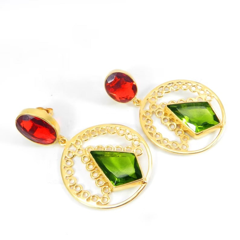 Peridot & Garnet Gemstone Gold Plated Designer Earrings