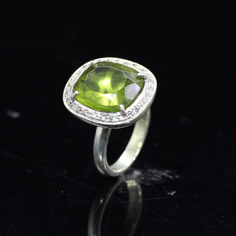 Peridot & CZ Gemstone 92.5 Sterling Silver Ring