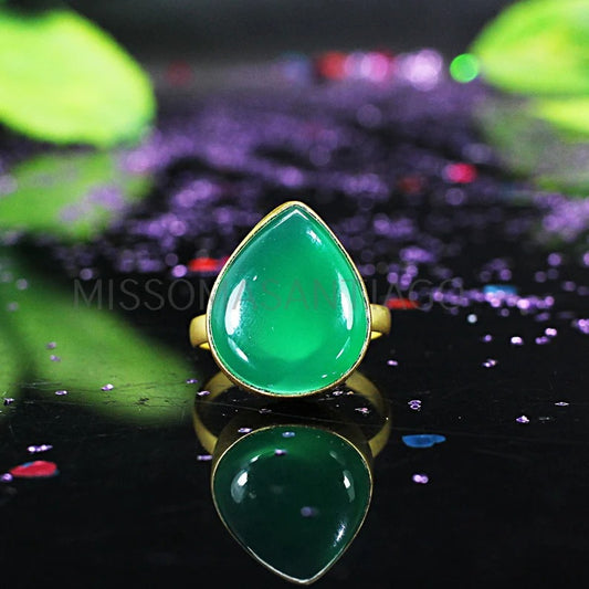 Green Onyx Gemstone Gold Plated Brass Ring