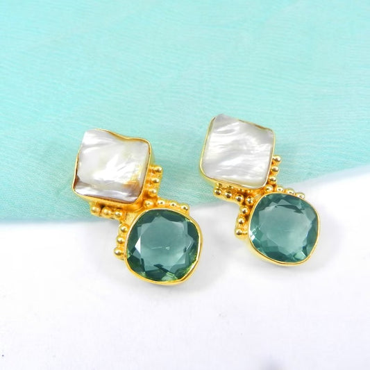 Mother of Pearl Rough & Green Amethyst Gemstone Gold Plated Designer Earring