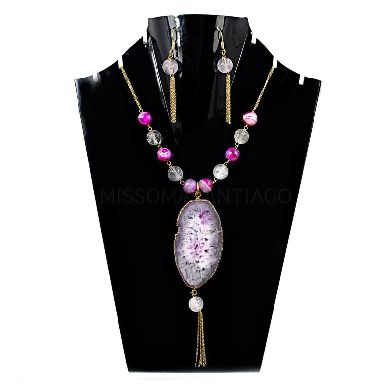 Pink Slice Agate Gemstone Gold Plated Necklace