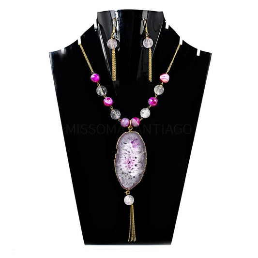 Pink Slice Agate Gemstone Gold Plated Necklace