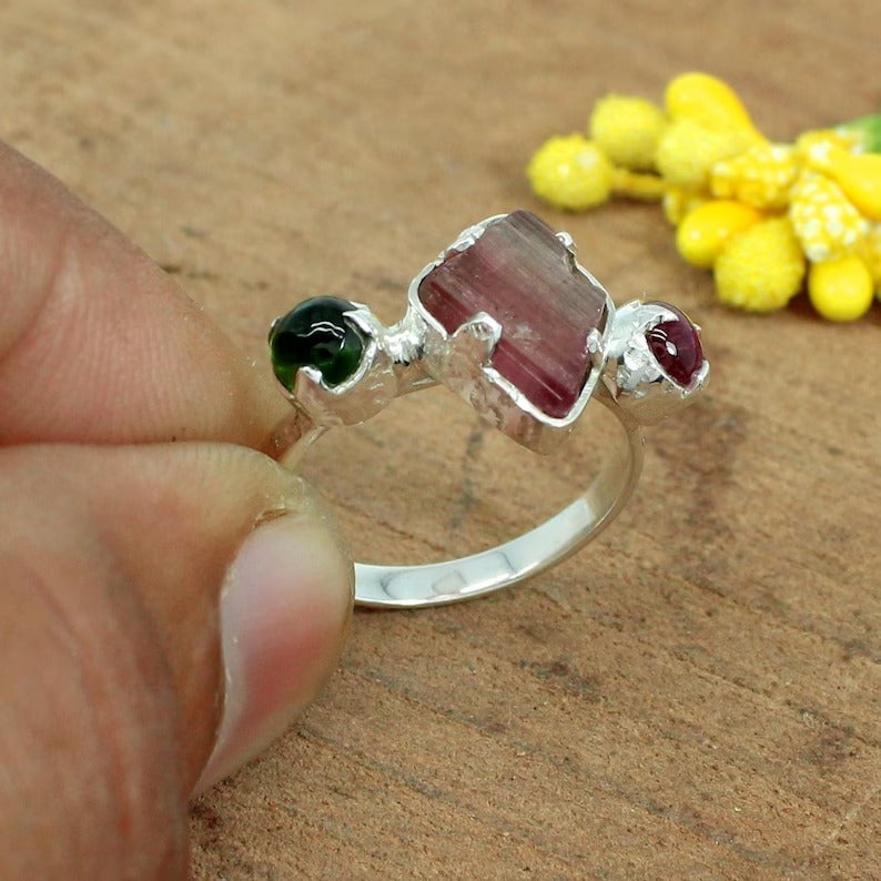 Natural Tourmaline Gemstone 92.5 Sterling Silver Ring