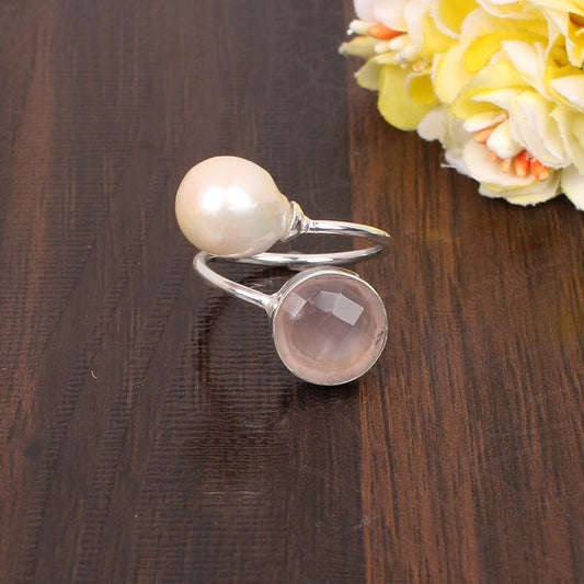 Rose Quartz And Pearl Brass Ring