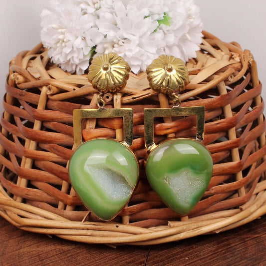 Green Window Druzy Brass Gold Plated Brass Earrings