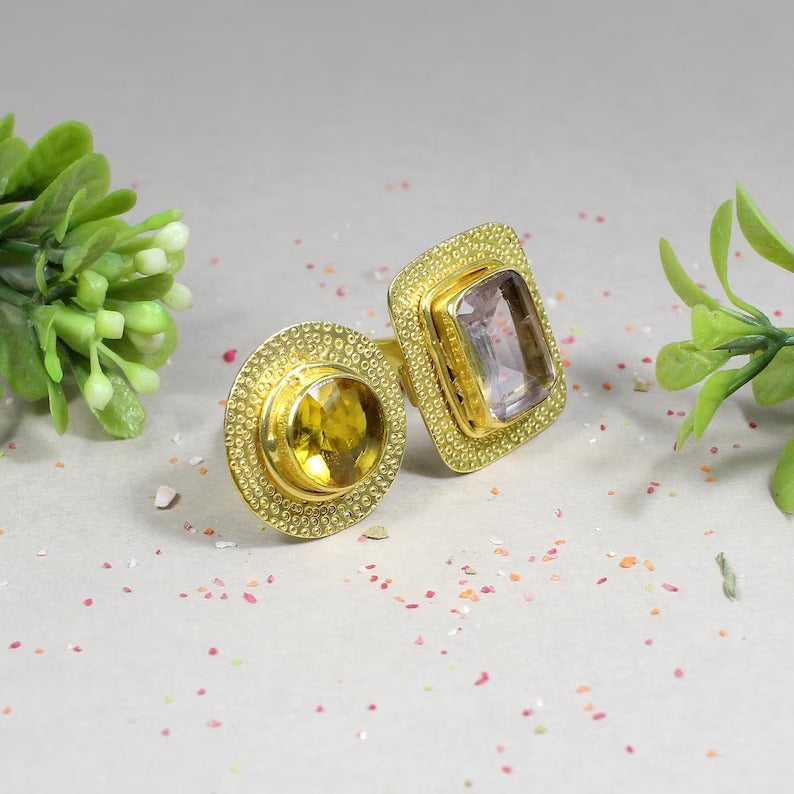 925 Sterling Silver Citrine & Amethyst Gemstone Ring