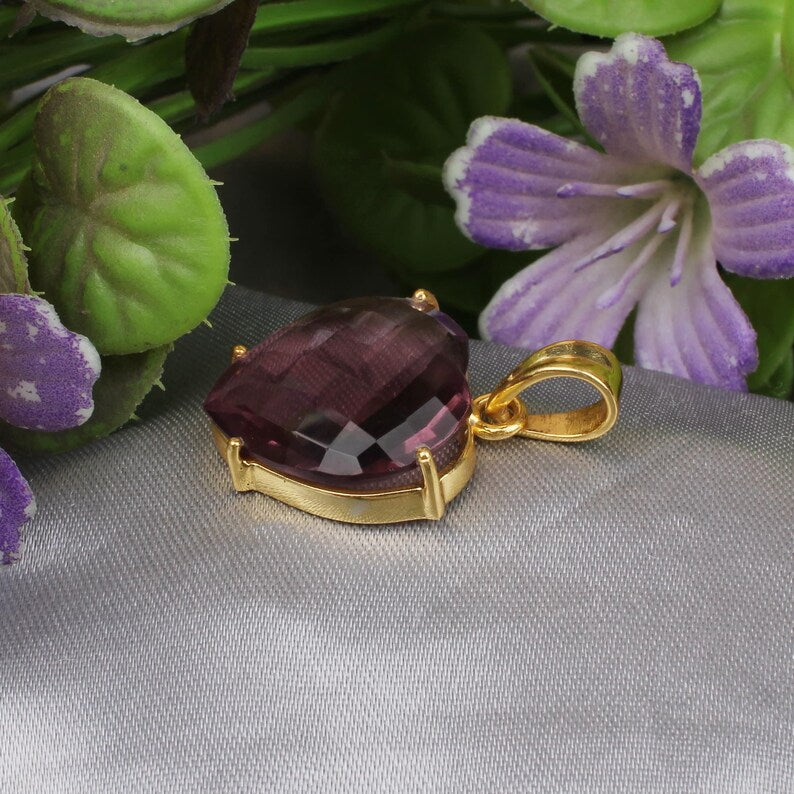 Pink Amethyst Gemstone Brass Pendant