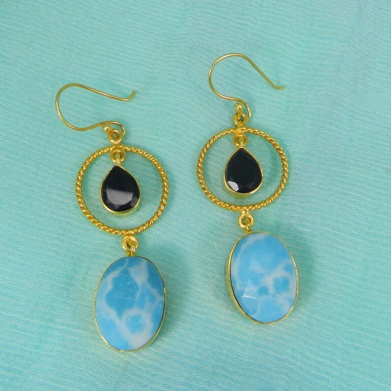 Gold Plated Black Onyx & Larimar Earrings