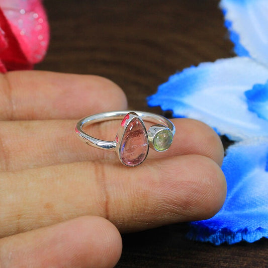 Natural Pink & Green Tourmaline Ring 925 Sterling Silver Adjustable Ring