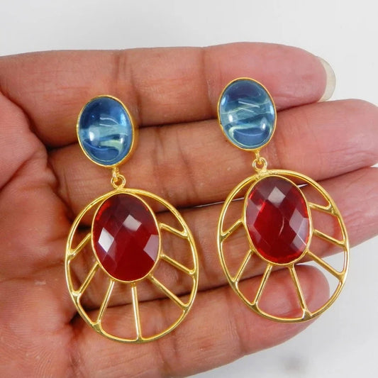 Blue Topaz & Garnet Gold Plated Brass Earrings