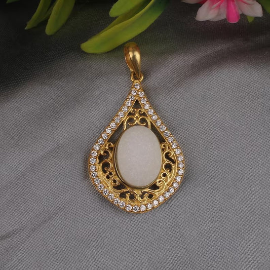 White Druzy & Cubic Zirconia Gemstone Gold Plated Gemstone Pendant