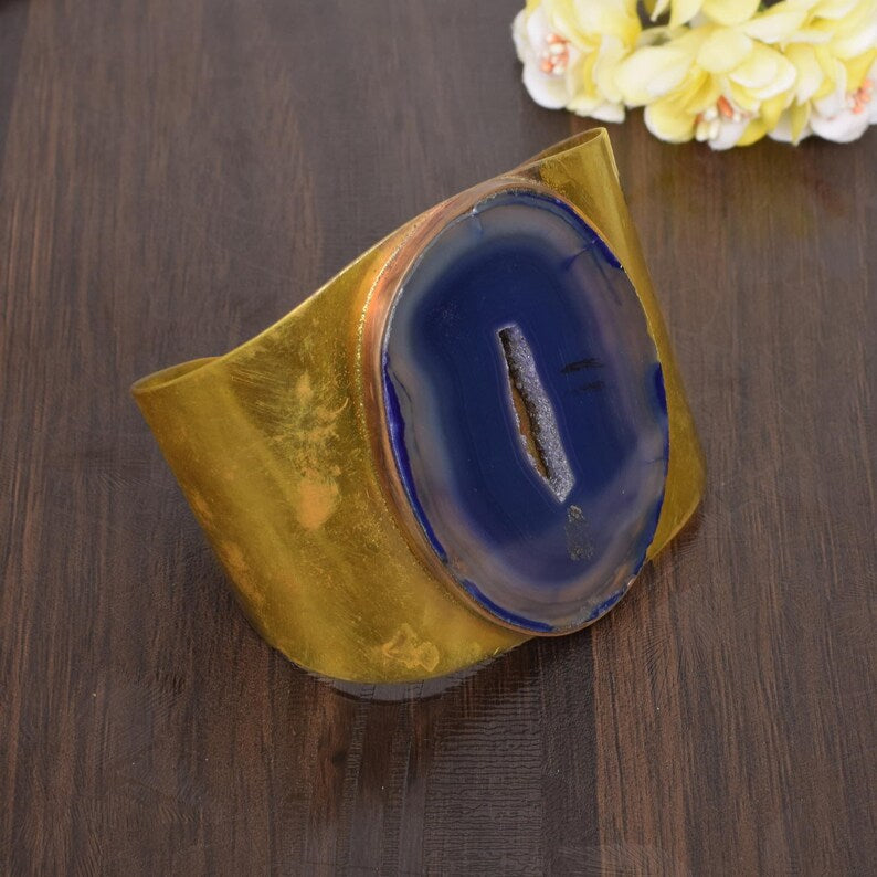 Brazilian Slice Agate Gold Plated Handmade Cuff Bangle