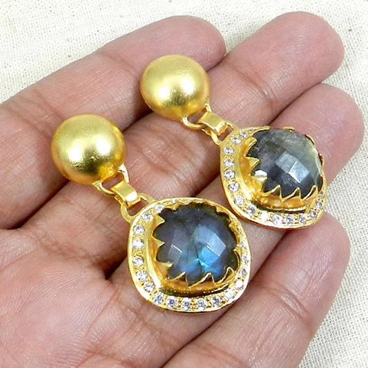 Labradorite & Cubic Zirconia Brass Gols Plated Earrings