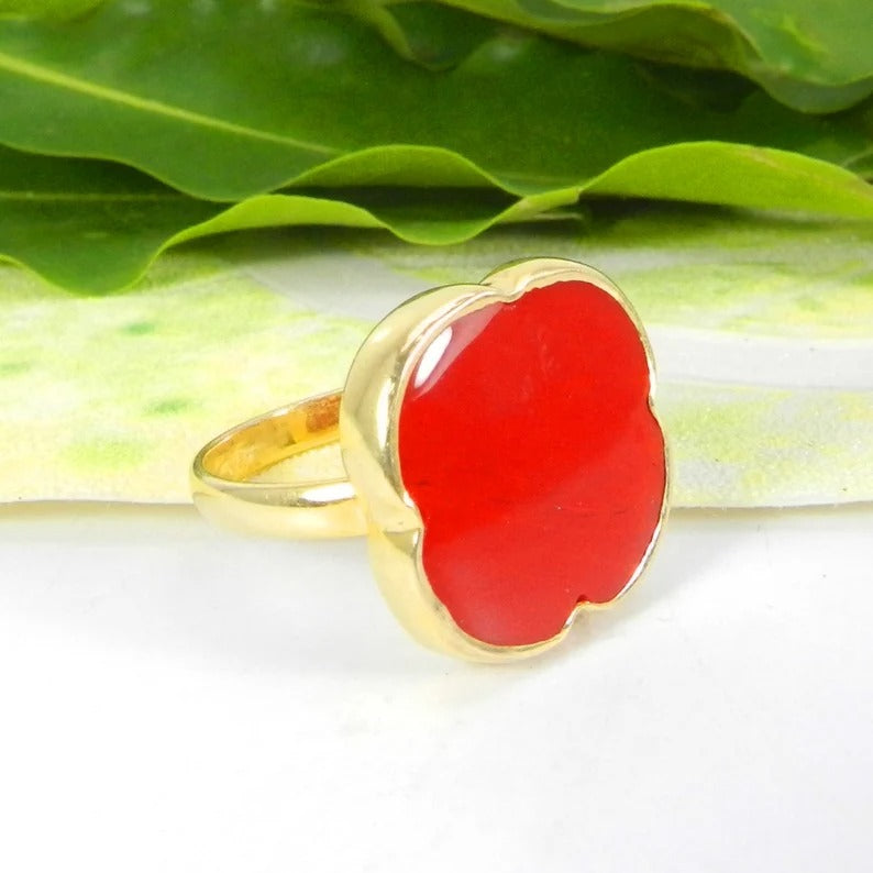 Red Coral Gemstone 92.5 Sterling Silver Ring