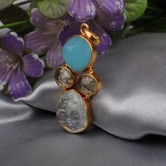 Aqua Chalcedony & Aqua Crackle Brass Gold Plated Pendant