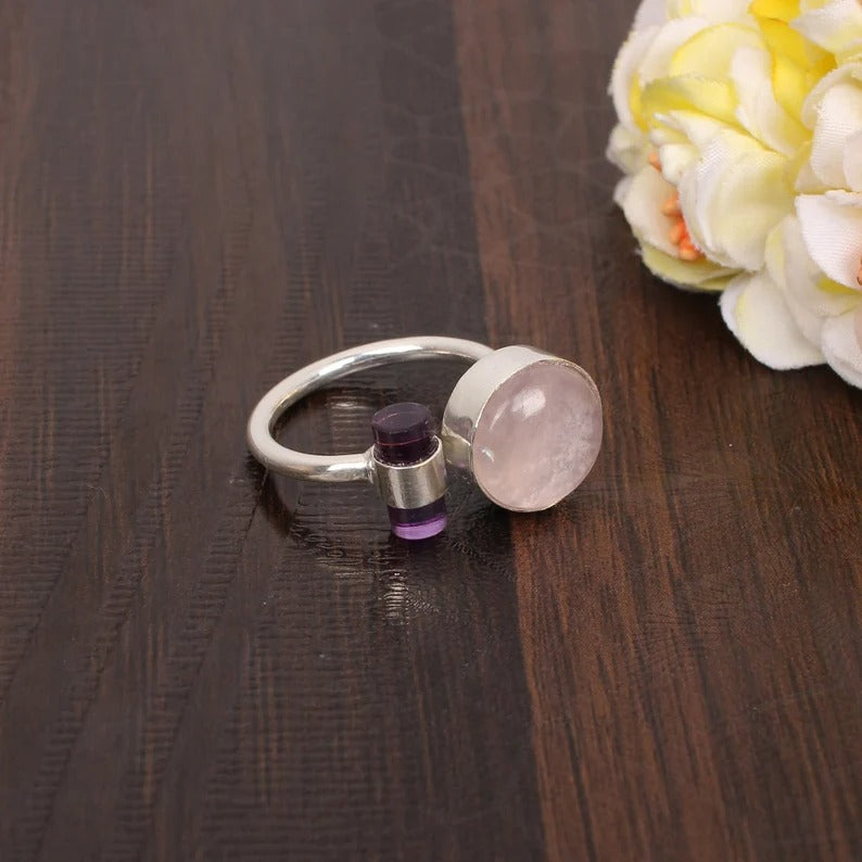 Rose Quartz And Amethyst Ring