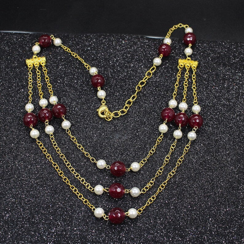 Ruby Beads & White Pearl Beaded Necklace