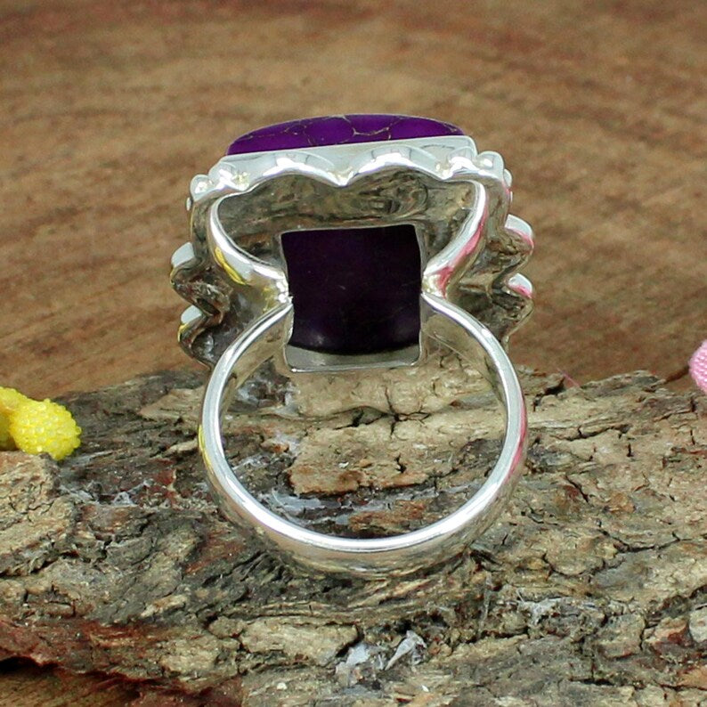 Rectangle Natural Mohave Purple Copper Turquoise Gemstone Silver Ring