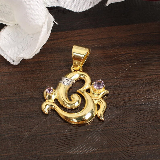 Purple Amethyst Om Gemstone Gold Plated Brass Pendant