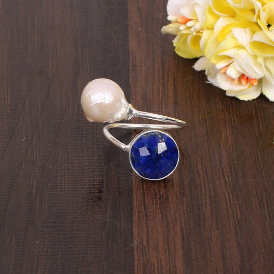 Lapis And Pearl Brass Gold Plated Brass Ring