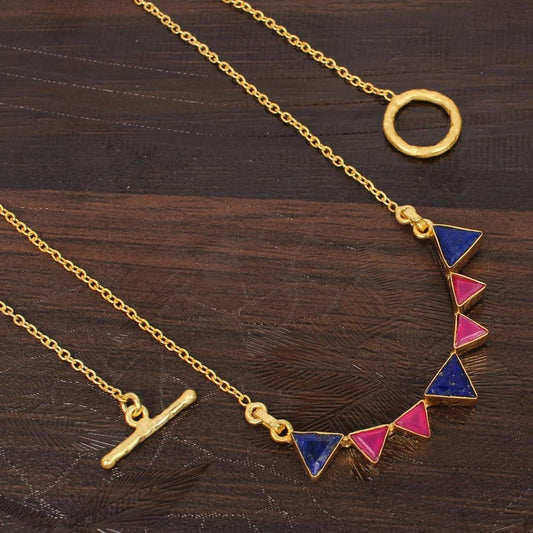 Fuchsia Chalcedony and Lapis Lazuli Triangle Gold Plated Brass Necklace