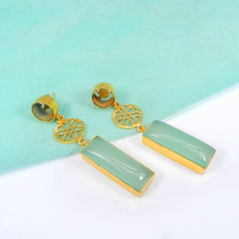 Aqua Chalcedony Gold Plated Designer Brass Earrings