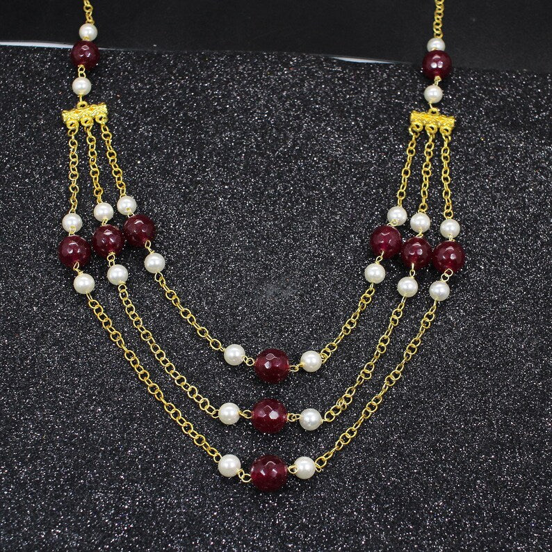 Ruby Beads & White Pearl Beaded Necklace