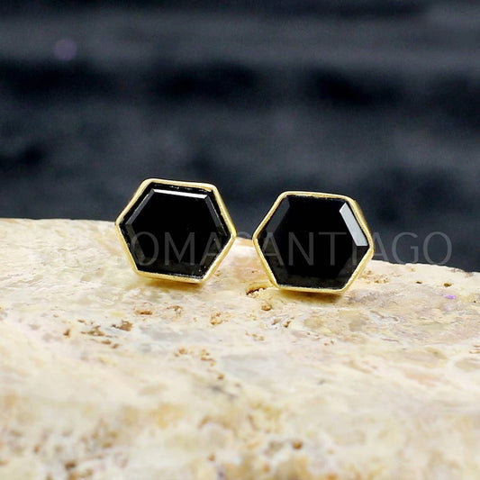 Black Onyx Gold Plated Brass Stud Earrings