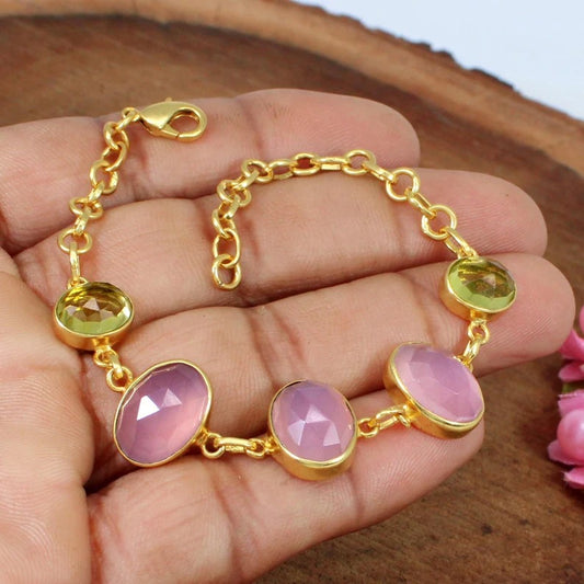 Rose Quartz & Lemon Quartz Gold Plated Brass Bracelet